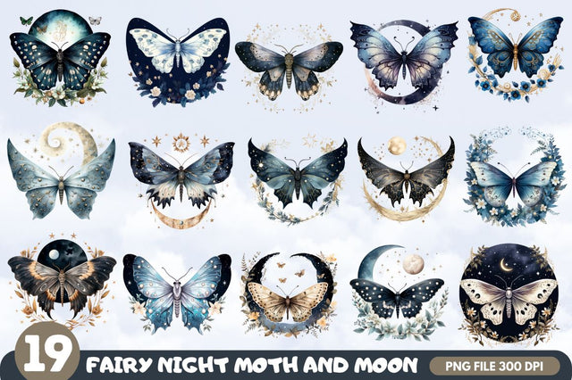 Fairy Night Moth and Moon Clipart Bundle Sublimation Regulrcrative 