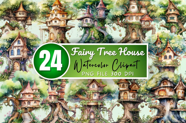 Fairy Tree House Watercolor Clipart Bundle Sublimation Regulrcrative 