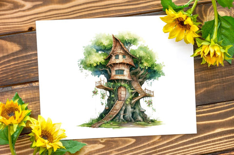 Fairy Tree House Watercolor Clipart Bundle Sublimation Regulrcrative 