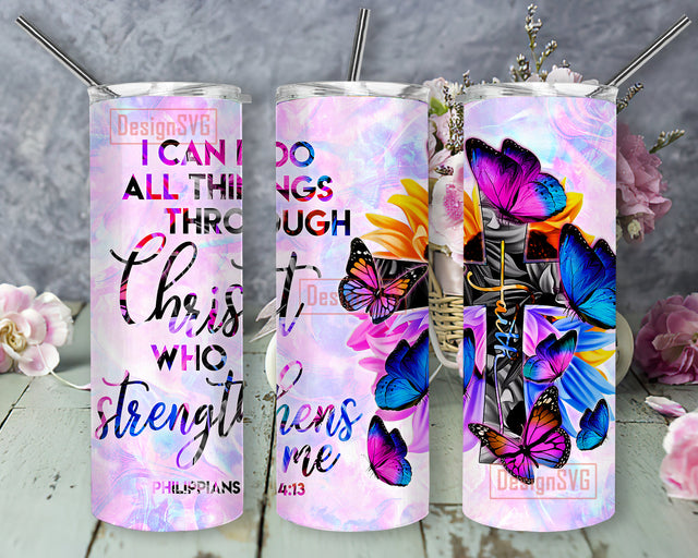 Faith Cross Butterfly Tumbler Png, Bible Verse 20oz Skinny Tumbler, Christian Quote Tumbler Wrap, Inspirational Sublimation Design, Digital Download Sublimation DesignSVG 