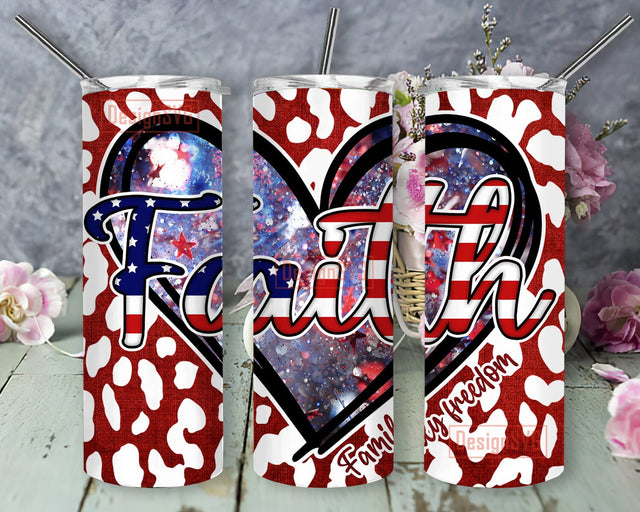 Faith Family Freedom Heart American Flag 20oz Skinny Tumbler Png, Independence Day Png, Heart Shaped America Flag Tumbler Png Sublimation DesignSVG 