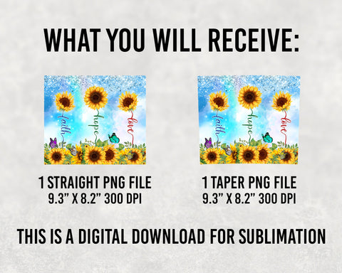 Faith Hope Love Sunflower Floral Glitter PNG Sublimation Designs, Christian 20oz Skinny Tumbler Digital Pattern BOO-design 