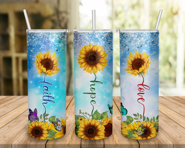 Faith Hope Love Sunflower Floral Glitter PNG Sublimation Designs, Christian 20oz Skinny Tumbler Digital Pattern BOO-design 