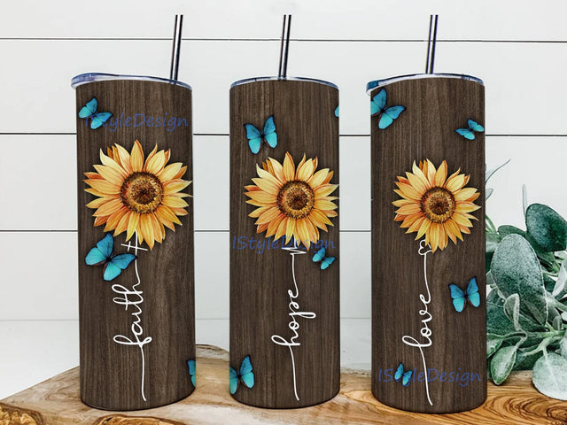 Faith Hope Love Tumbler 20oz Skinny Tumbler Png, Sunflower Sublimation, Wooden Floral Wrap, Butterfly Sunflower Tumbler Png Sublimation iStyleDesign 