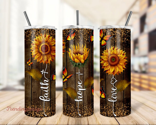 Faith Hope love Tumbler Wrap, Christian Believer, Sunflower Sublimation, Wooden Floral Wrap Tumbler PNG File Sublimation TrendingDesign 