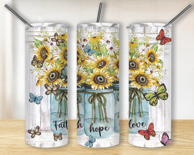 Faith Love Hope Floral 20oz Skinny Tumbler Png, Butterfly Floral Tumbler, Wooden Floral, Western Floral, Sunflower Tumbler Sublimation BouDesign 