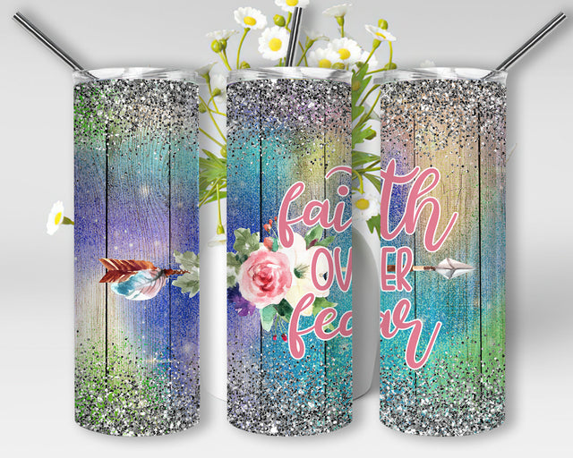 Faith Over Fear 20oz Skinny Tumbler, Christian Religious Png, Cute Arrow Floral Tumbler Design, Christian Floral Glitter, Christian Bible Verse Tumbler Straight, Instant Download Sublimation WillowSageDesign 