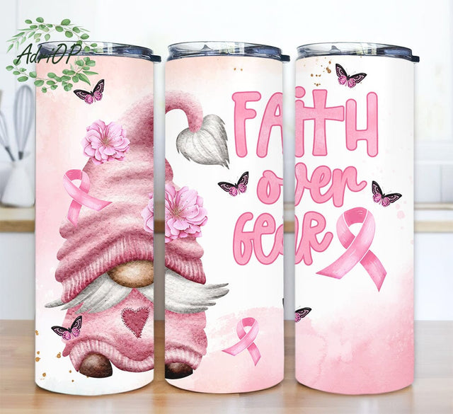Faith Over Fear 20oz Skinny Tumbler Png, Breast Cancer Awareness Ribbon Motivational Tumbler, Pink Gnome Tumbler, Gnome Tumbler, Butterfly Tumbler Sublimation AdriOP 