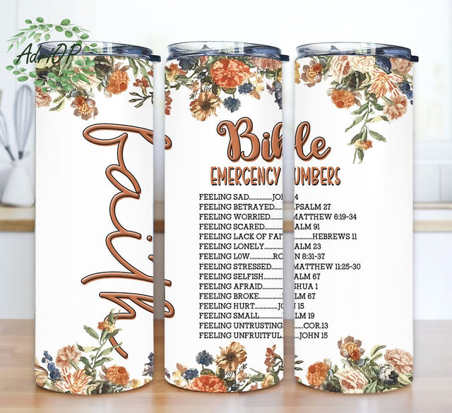 Faith psalms Bible Emergency List Boho Floral Design, 20oz Skinny Tumbler Sublimation Wrap, PNG Digital Download Sublimation AdriOP 