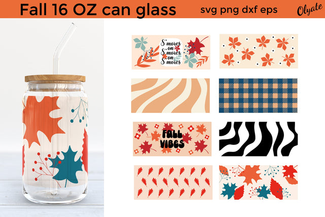 Fall 16 OZ Can Glass. Retro Glass. Autumn Can Glass Wrap SVG Olga Terlyanskaya 