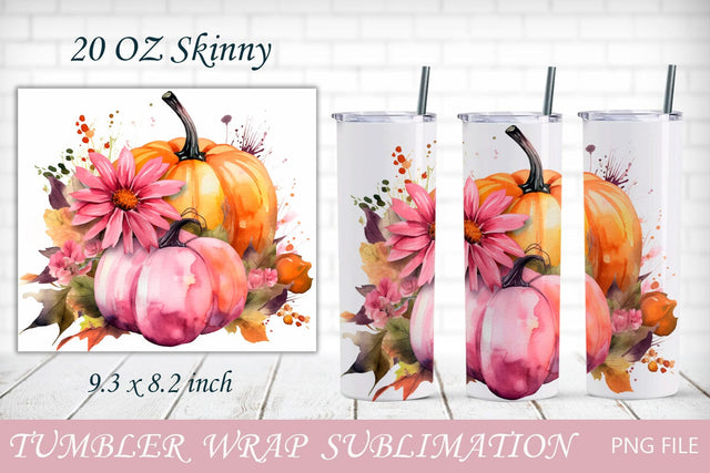 Fall 20 oz tumbler with pink pumpkin and flowers, Autumn tumbler wrap Sublimation AnastasiyaArtDesign 