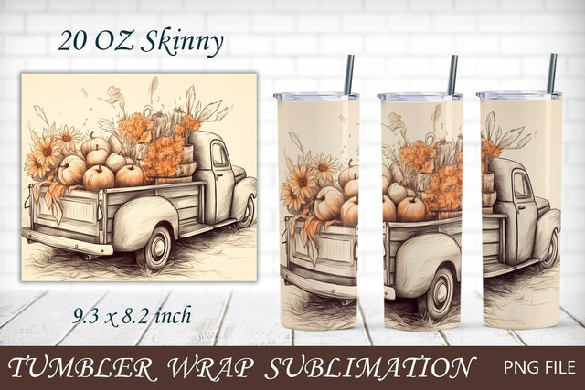 Fall 20 oz tumbler wrap, Autumn truck with pumpkin and sunflowers Sublimation AnastasiyaArtDesign 