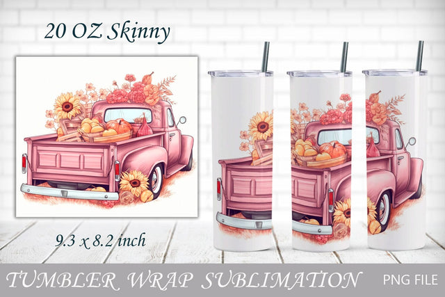 Fall 20 oz tumbler wrap, Autumn tumbler with pink truck and pumpkin Sublimation AnastasiyaArtDesign 