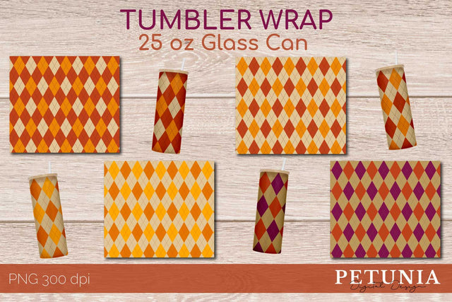 Fall Argyle Pattern Bundle 25 oz. Glass Tumbler Design Sublimation Petunia Digital Design 