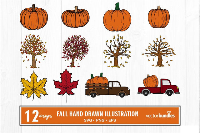 Fall autumn hand drawn illustration svg bundle SVG vectorbundles 