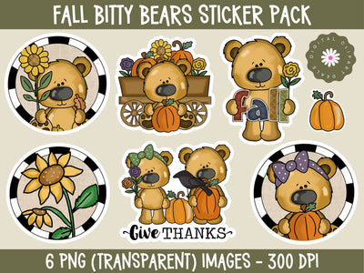 Fall Bitty Bears Sticker Pack - 6 PNGs - Fall-themed Stickers - Fall Sticker Pack Sublimation Digital Clipart Deals 
