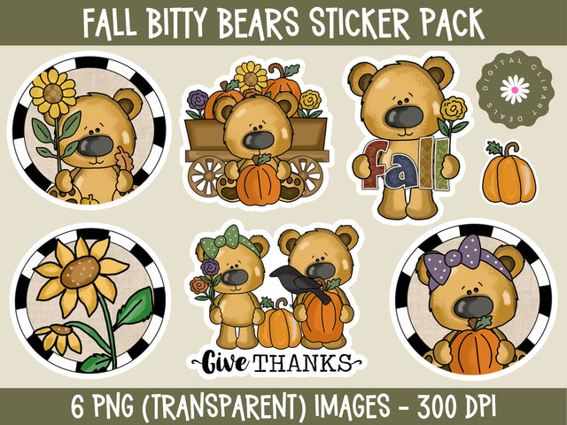 Fall Bitty Bears Sticker Pack - 6 PNGs - Fall-themed Stickers - Fall Sticker Pack Sublimation Digital Clipart Deals 