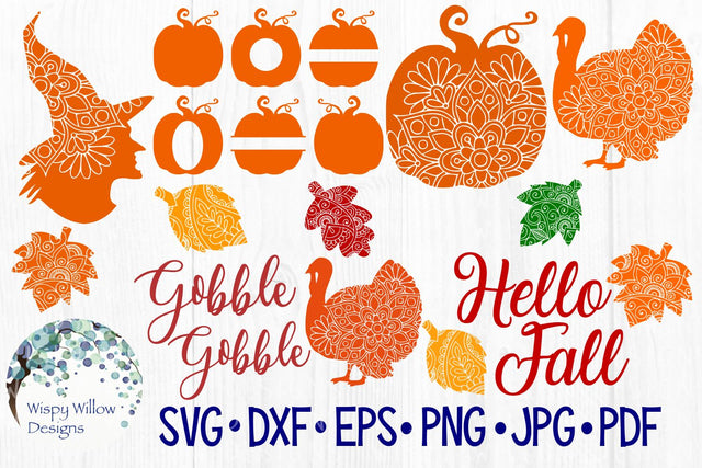 Fall Bundle | Mandala | Turkey | Pumpkins | Witch | Hello Fall | Gobble Gobble | Leaves SVG Wispy Willow Designs