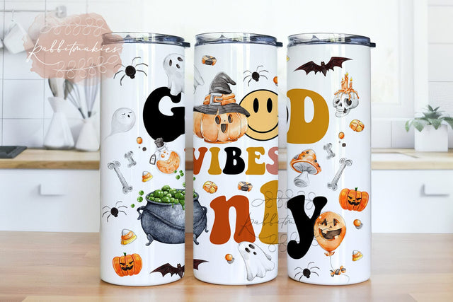 Fall Design Tumbler, Retro Good Vibes Only Halloween Tumbler Design, 20 oz Skinny Tumbler Sublimation Sublimation Rabbitmakies 