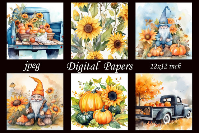 Fall digital paper with pumpkin, sunflower, gnome, truck, Autumn background Sublimation AnastasiyaArtDesign 