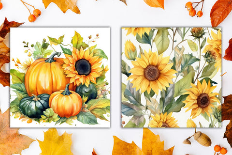 Fall digital paper with pumpkin, sunflower, gnome, truck, Autumn background Sublimation AnastasiyaArtDesign 