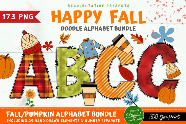 Fall Doodle Alphabet Bundle with Hand Drawn Clipart Digital Pattern Regulrcrative 