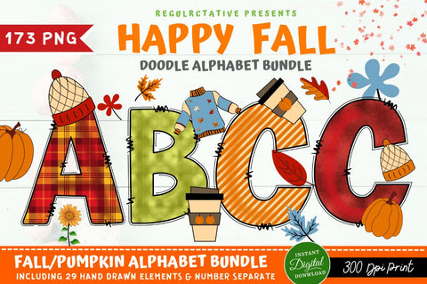 Fall Doodle Alphabet Bundle with Hand Drawn Clipart Digital Pattern Regulrcrative 