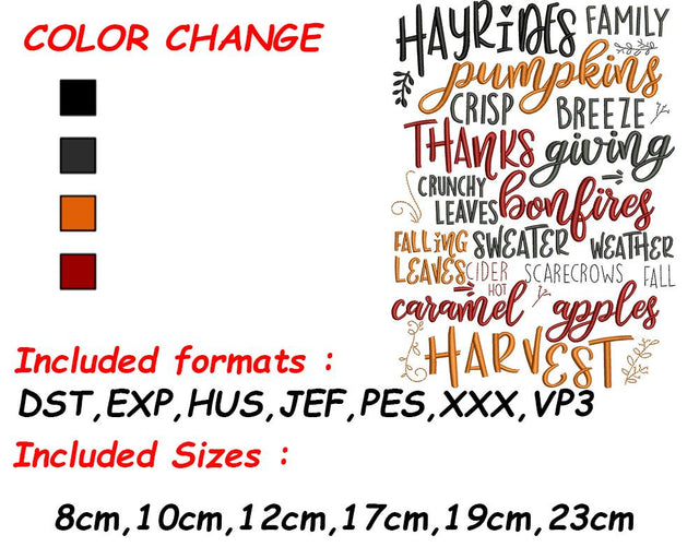 Fall Embroidery, Embroidery Sayings, Thanksgiving Embroidery, Halloween Design, Digital Download Embroidery/Applique DESIGNS SVG Digital Designer 