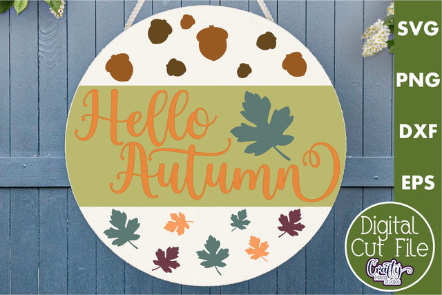 Fall Farmhouse Round Sign Svg, Hello Autumn Porch Decor SVG Crafty Mama Studios 