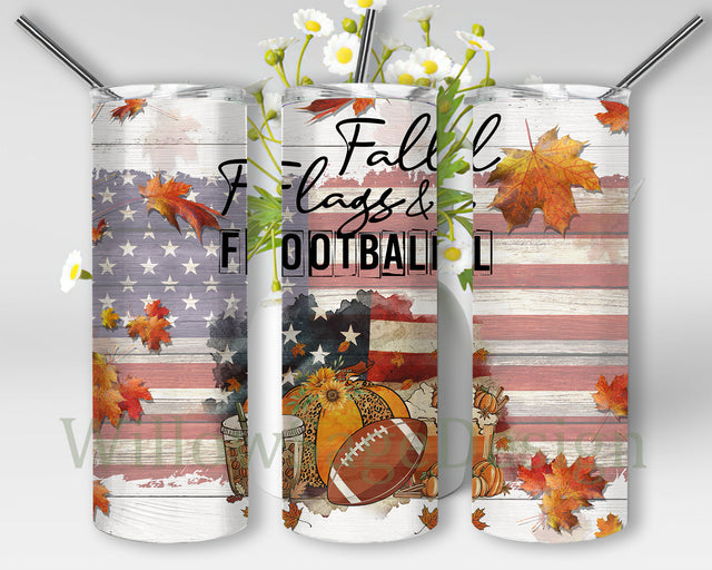 Fall Flags & Football Tumbler Design, Fall Pumpkin 20oz Skinny Tumbler, Autumn Leaves Tumbler Png, Football American Flag Design Png, Instant Download Sublimation WillowSageDesign 