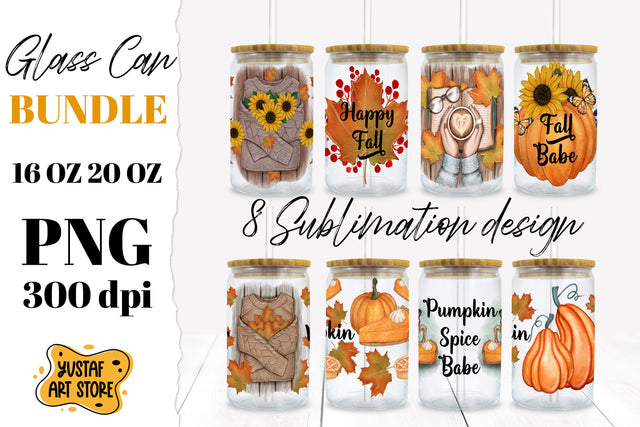 Fall Glass Can Bundle. 8 Autumn sublimation Glass can design Sublimation Yustaf Art Store 