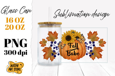 Fall Glass Can. Pumpkin with sunflower sublimation design Sublimation Yustaf Art Store 