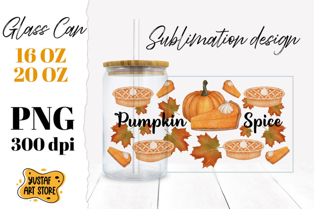 Fall Glass Can sublimation. Pumpkin Spice Pie design Sublimation Yustaf Art Store 