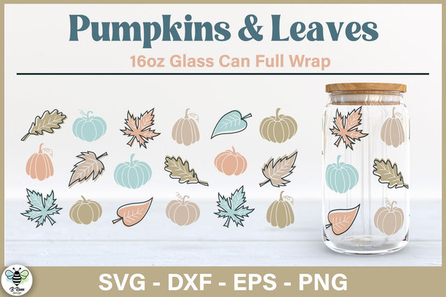 Fall Glass Can SVG | Can Glass Wrap with Pumpkins and Leaves SVG B Renee Design 