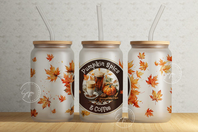 Fall Glass Cup, Autumn Tumbler, Pumpkin Spice And Coffee, 16oz Libbey Glass Jar Sublimation Wrap, Fall Leaves, Wild, Boho, Digital File Sublimation Syre Digital Creations 