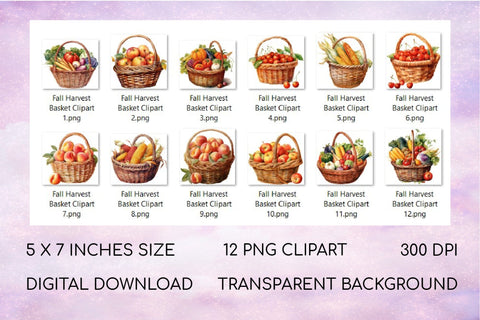 Fall Harvest Clipart Bundle, Watercolor Autumn Clipart PNG Sublimation OrangeBrushStudio 
