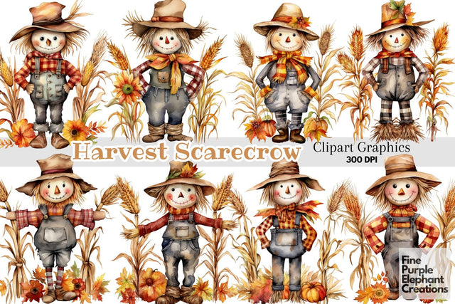 Fall Harvest Scarecrow Clipart Digital Pattern Fine Purple Elephant Creations 