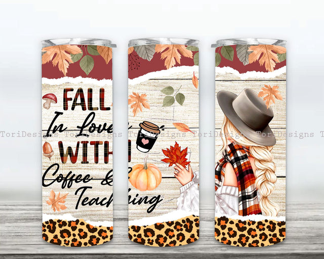 Fall In Love With Coffee & Teaching 20 oz Skinny Tumbler Sublimation Design Digital Download PNG Sublimation ToriDesigns 