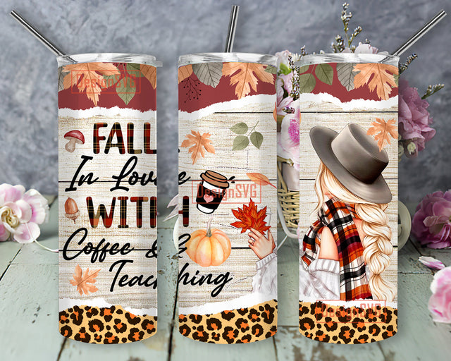 Fall In Love With Coffee & Teaching 20oz Skinny Tumbler Design PNG, Autumn Vibes Tumbler PNG, Autumn Beauty Teacher Sublimation DesignSVG 