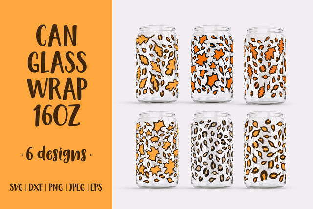 Fall Leaves Leopard Can Glass Wrap Bundle. Autumn Glass Can SVG LaBelezoka 