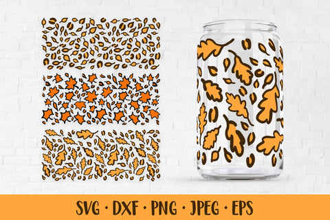Fall Leaves Leopard Can Glass Wrap SVG. Autumn Glass Can SVG LaBelezoka 