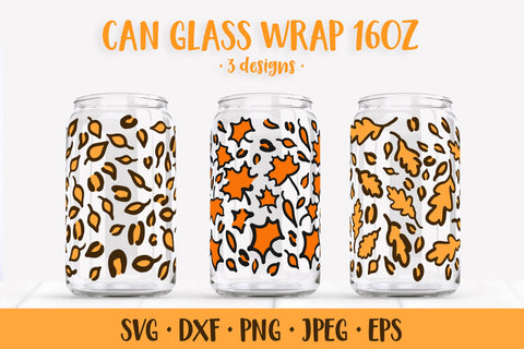 Fall Leaves Leopard Can Glass Wrap SVG. Autumn Glass Can SVG LaBelezoka 