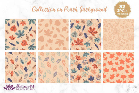 Fall leaves seamless patterns seasonal big bundle of 32 patterns. Autumn surface pattern design for textile and crafting. Jpg, Png Digital Pattern KatineDesign 