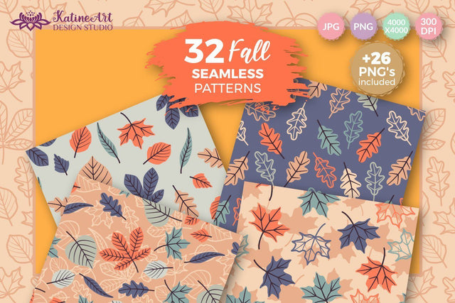 Fall leaves seamless patterns seasonal big bundle of 32 patterns. Autumn surface pattern design for textile and crafting. Jpg, Png Digital Pattern KatineDesign 