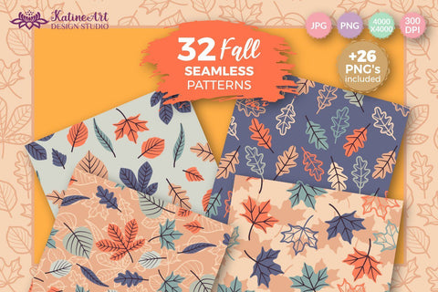 Fall leaves seamless patterns seasonal big bundle of 32 patterns. Autumn surface pattern design for textile and crafting. Jpg, Png Digital Pattern KatineDesign 