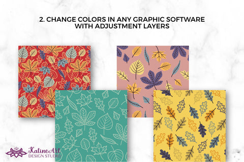 Fall leaves seamless patterns seasonal big bundle of 32 patterns. Autumn surface pattern design for textile and crafting. Jpg, Png Digital Pattern KatineDesign 