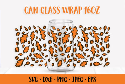 Fall Leopard Can Glass Wrap SVG. Oak Leaves Glass Can SVG LaBelezoka 