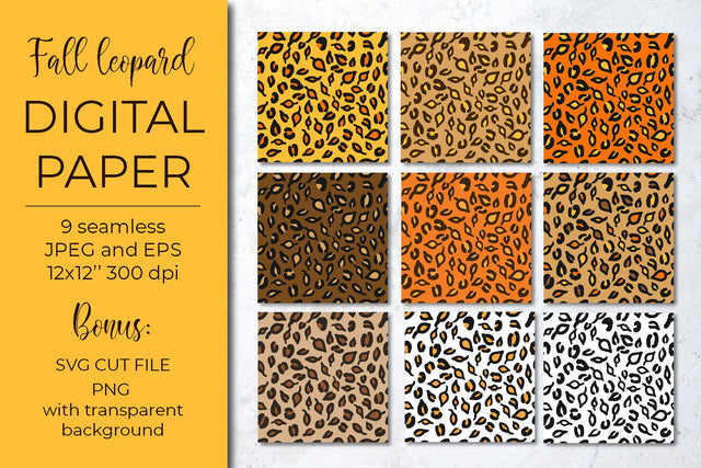 Fall leopard digital paper. Autumn leaves leopard print SVG Digital Pattern LaBelezoka 