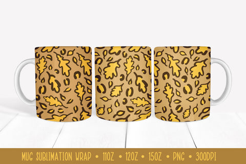 Fall Leopard Mug Sublimation. Oak Leaves Mug Wrap Sublimation LaBelezoka 