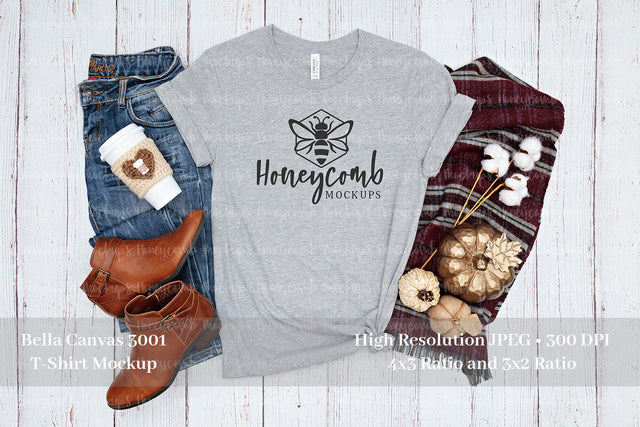 Fall Mockup, Bella Canvas Athletic Heather 3001 Mockup, Thanksgiving Mockup, Grey T-Shirt Mockup Mock Up Photo Honeycomb Mockups 